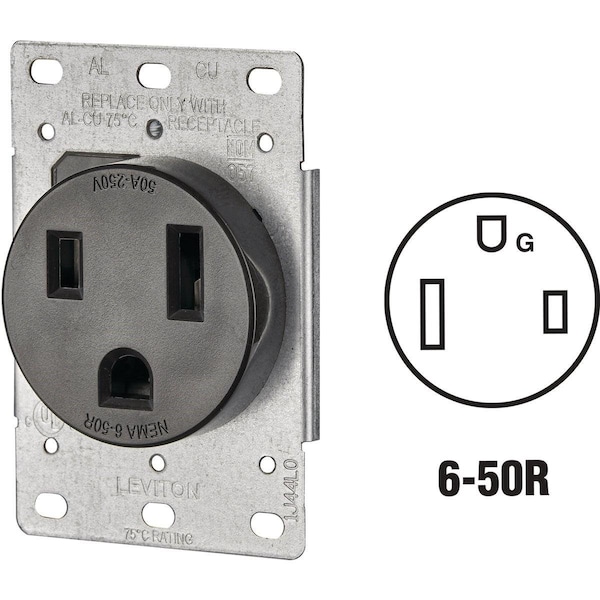 Straight Blade Receptacle, 6-50R, 50 A, 250V AC, 2 Pole, 3 Wire, Flush Mount, Grounded